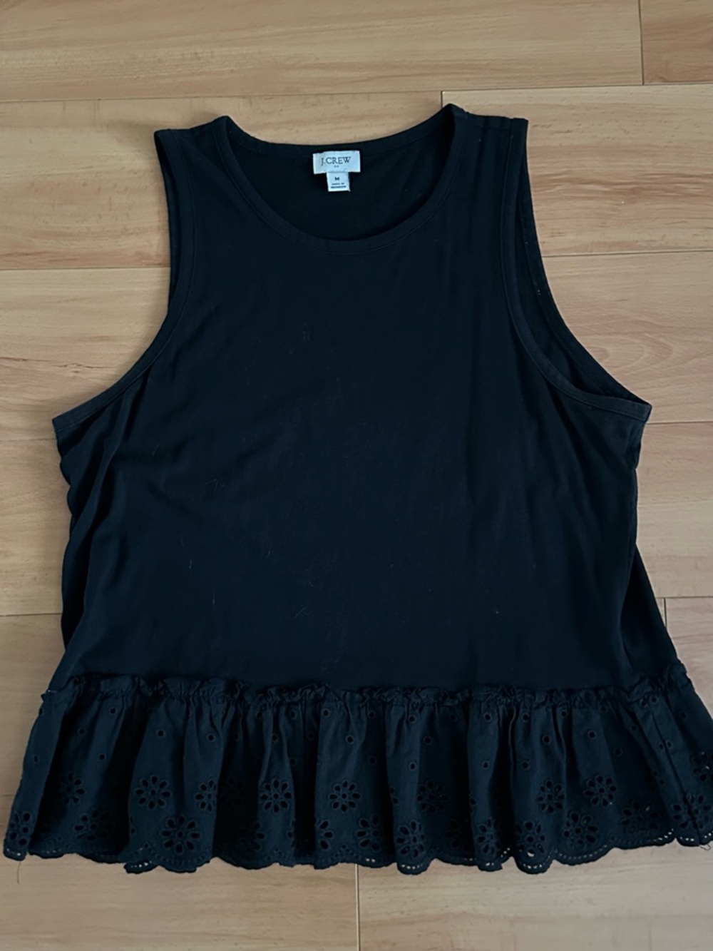 J. Crew Black Eyelet Ruffle Hem Sleeveless Tank